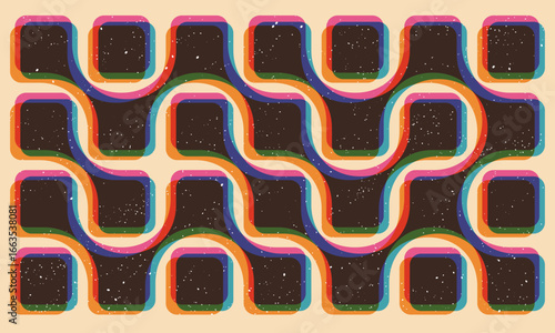 Geometric connected object with riso print effect. Graphic element for flyer, wallpaper, poster. Graphic element. Vintage decoration of 70s 80s, 90s. Aesthetics of the risograph. Deep space surfaces