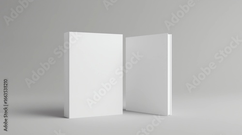 Two hardcover vertical white mockup books standing on the white background. Blank front cover and spine of book 
