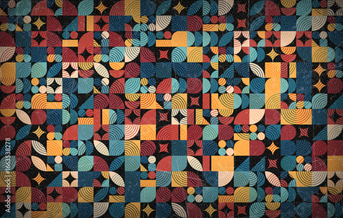 Abstract Geometric Pattern in Bauhaus Style – Colorful Modern Vector Design. Retro Colors from the 1970s 1980s, 70s, 80s, 90s. Grunge scratch 70s style stripes background poster lines. Noisy grain