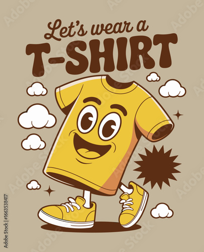 Funny cartoon t-shirt character design, retro vintage vector illustration with happy face, sneakers, clouds, apparel graphic, fashion print