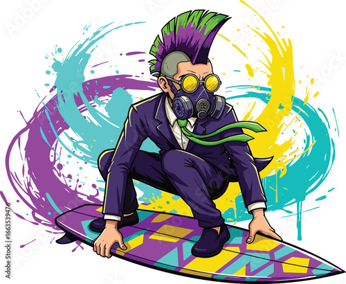 Punk surfer illustration, gas mask, mohawk hairstyle, colorful surfboard, abstract splash background, rebellious art, vibrant action scene