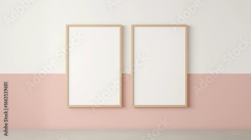 two wooden frames on pink and white wall, frame mockup, 3d render