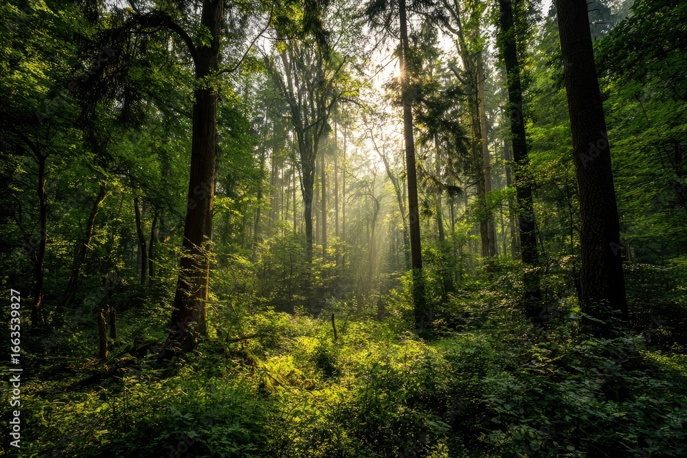Naklejka premium Sunlight streams through a dense forest (3)