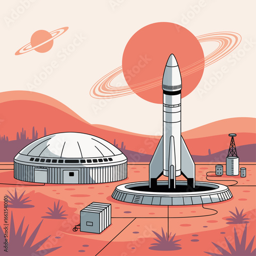 Future planetary base with a rocket and dome habitat on an alien world. Space exploration and colonization concept.