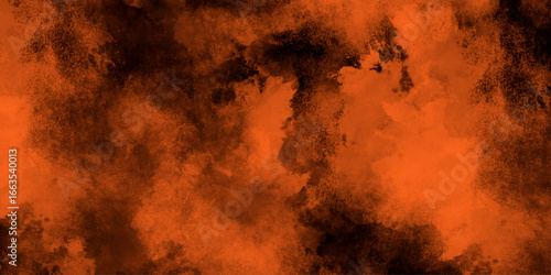 Eerie black background with billowing orange smoke on black background. old style dark orange grunge texture, brush painted . Old and grainy orange paper texture, vector,	