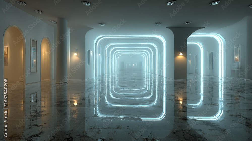 Obraz premium 3d rendering. HDRI environment map. 360 degree spherical seamless vr panorama. Abstract empty t interior with abstract rectangular decorative elements with neon lighting.