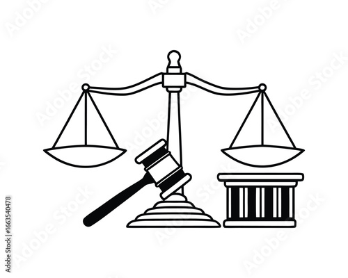 This simple, black and white line drawing depicts a classic symbol of justice: scales, gavel, and a plinth