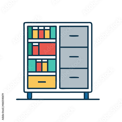 Colorful filing cabinet and bookshelf combination with storage drawers