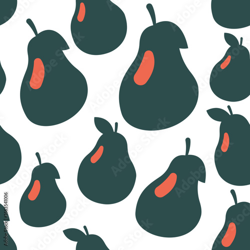 Seamless fruit pattern featuring stylized dark green pears with orange accents on a white background, perfect for fabric or wallpaper.