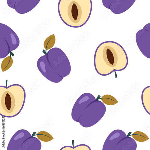 Seamless pattern showcasing ripe plums and plum halves, excellent for textile design or backgrounds with a fruity summer theme.