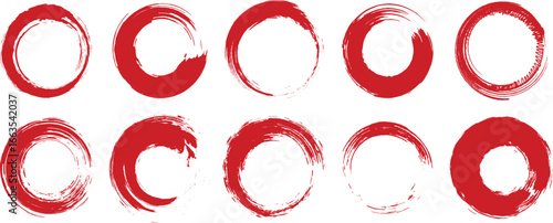 Handmade enso brush ring icons in red and black, featuring rustic textured strokes, abstract imperfect circles, spiritual meditation inspired symbols, and Japanese calligraphy design.