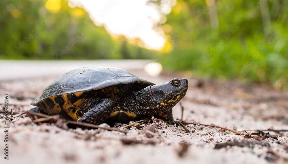 Fototapeta premium Close-up view of a speckled tortoise resting on a sandy path, surrounded by blurred greenery and a road.