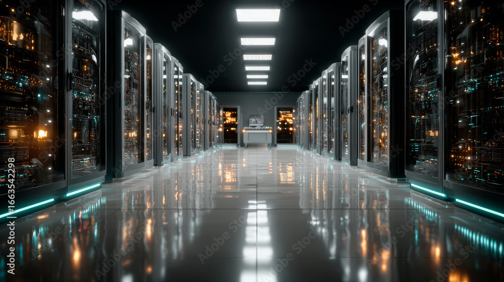 Obraz premium Dark server room data center storage with blue lights 3D rendering