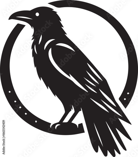 Raven Silhouette within a Circular Frame Minimalist Bird Design