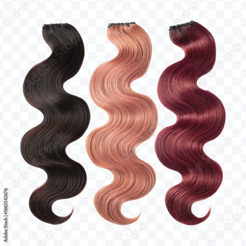 realistic 3d  three copper hair swatches in different colour style isolated on transparent background