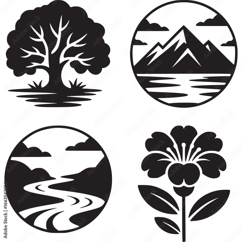 Obraz premium Art of set of stylized black and white nature icons featuring a tree, mountains, river, and flower, representing natural elements and landscapes