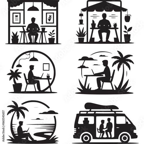 Art of collection of scenes depicting remote work and digital nomad lifestyle with people working on laptops in various locations like cafes, outdoors, and vans