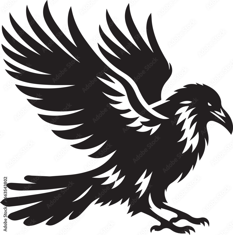 Fototapeta premium Majestic Raven in Flight A Powerful Black and White Illustration