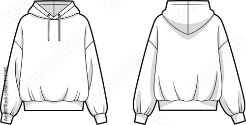 Cad drawing flat vector illustration of oversized hoodie, front and back view, casual hooded sweatshirt, fashion sketch design, ribbed hem and cuffs, cozy streetwear.
