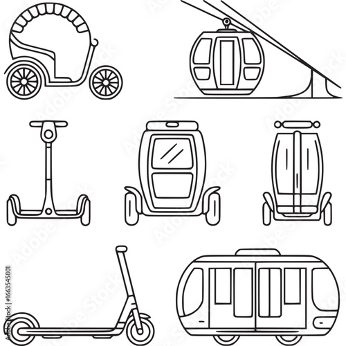Art of set of modern transportation icons including electric scooter, cable car, futuristic car, and tram