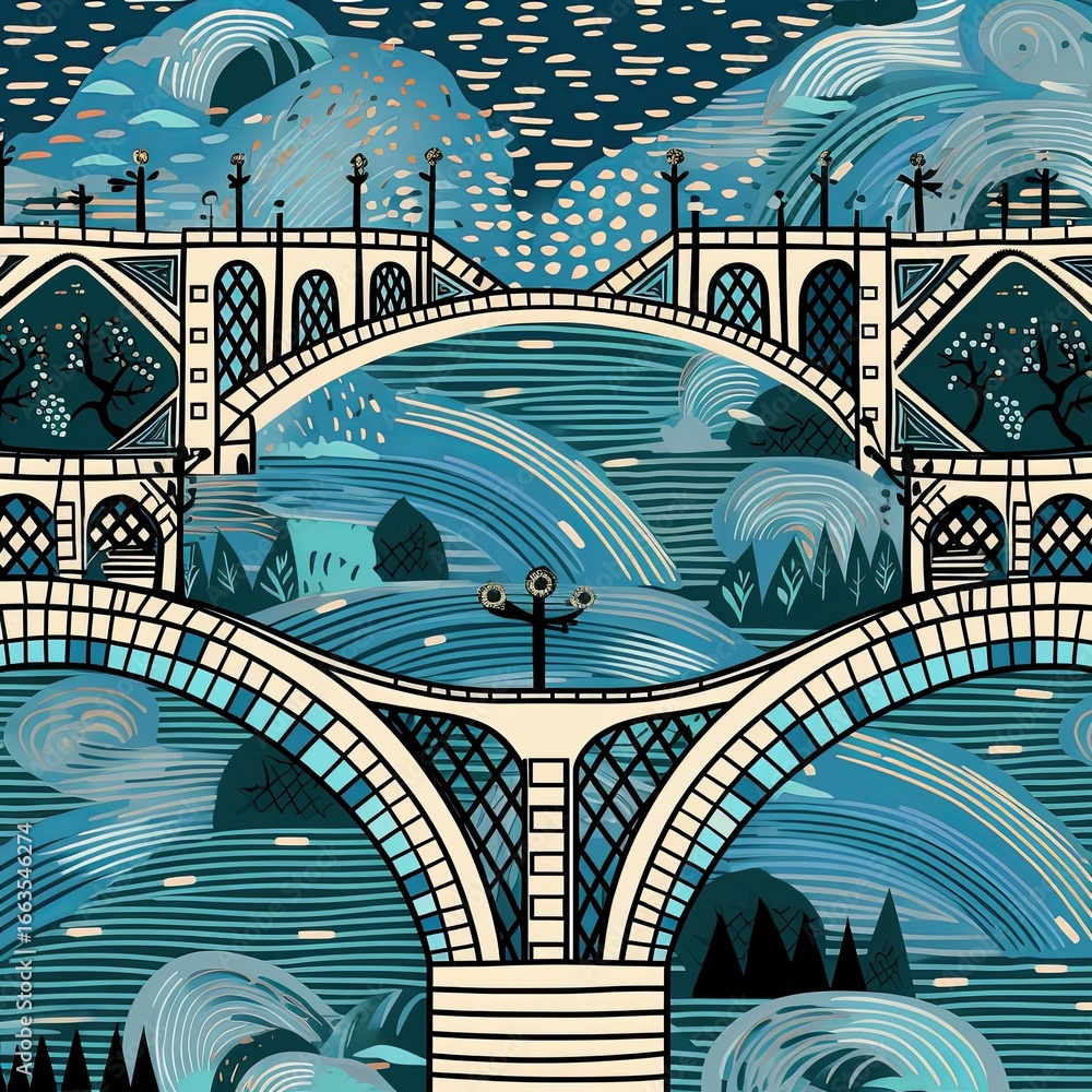 Fototapeta premium Stylized Bridge Landscape Whimsical River Crossing with Artistic Mountain Backdrop, Blue Tones