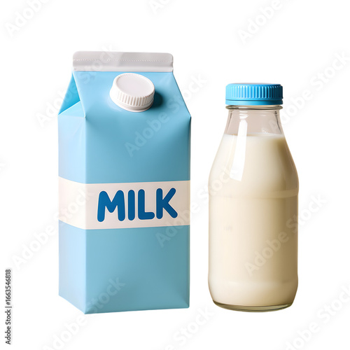 3d minimal bottle of milk and carton icon in white transparent png background cutout	
