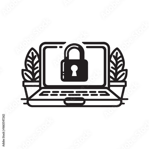 Laptop with Lock Icon Vector Black and White
