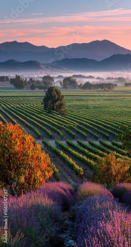 Misty morning vista over fields of vibrant green crops, with lavender and fall colors in the foreground
