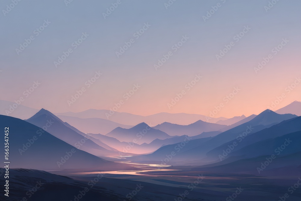 Fototapeta premium Misty mountain range at dawn. A serene valley stretches between soft, hazy peaks bathed in a pastel sunrise. Pale blues and pinks dominate the landscape