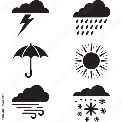 Art of set of weather icons featuring clouds, sun, rain, snow, lightning, and an umbrella