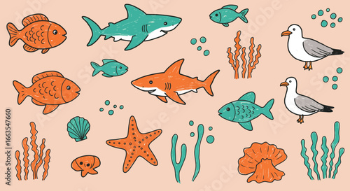Playful sea life and birds on pastel background with marine elements