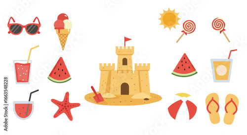 Summer beach fun: sun, sandcastles, ice cream, and refreshing drinks
