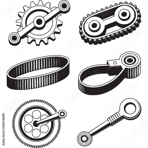 Art of set of mechanical components including gears, sprockets, chains, and belts, illustrating engineering and industrial elements for power transmission and machinery