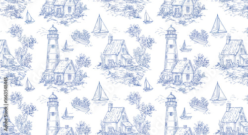 Vintage nautical pattern with lighthouses and sailboats in hand-drawn sketch style