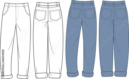 CAD Drawing Flat Vector Illustration of Pants Front and Back Views Fashion Design Template Garment Sketch Clothing Blueprint Technical Layout Stylish Apparel Construction