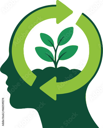 Green mindset symbolizes ecological awareness and sustainable thinking plant growing inside human head.