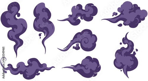 Set of purple smoke clouds with unique curved patterns
