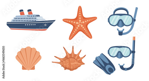 Nautical adventure icons featuring cruise ship, starfish, and snorkeling gear in flat style