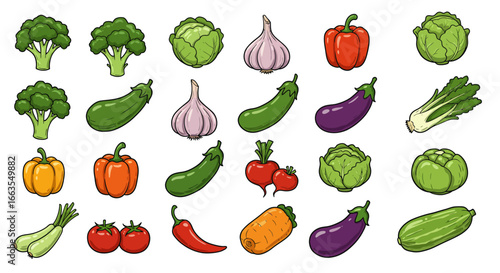 Colorful vegetable icons set featuring peppers, eggplants, and more in a cartoon style