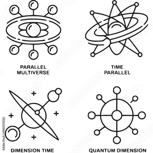 Art of set of abstract icons representing parallel multiverse, time parallel, dimension time, and quantum dimension concepts