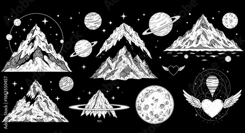 Cosmic mountain adventure: celestial landscapes with planets and stars