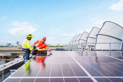 Engineers in safety gear inspecting solar panel installation on office building rooftop. Renewable power, and sustainable technology.