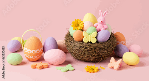 Colorful easter eggs and bunny decor on pink background