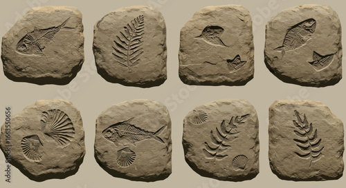 Ancient fossil collection with fish and fern imprints on stone