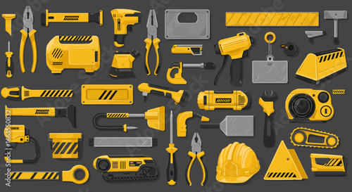 Comprehensive collection of yellow and black construction tools on dark background