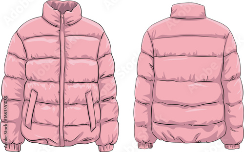CAD Drawing Flat Vector Illustration of Pink Puffer Jacket Winter Coat Design Warm Quilted Outerwear Fashion Technical Sketch Front and Back View Casual Style