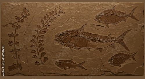 Ancient fossil relief of prehistoric fish and plant on stone panel