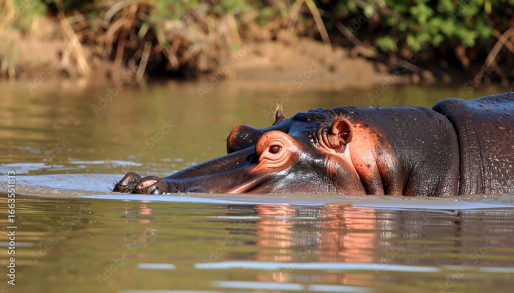 Obraz premium A hippopotamus rests serenely in tranquil water, its dark skin reflecting the sunlight on the still surface.