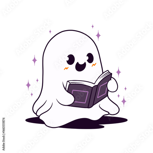 A cheerful ghost character is reading a book, surrounded by sparkles; perfect for holiday themes, book clubs or educational materials.