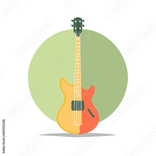 Stylized Electric Bass Guitar Illustration, Musical Instrument Isolated on White